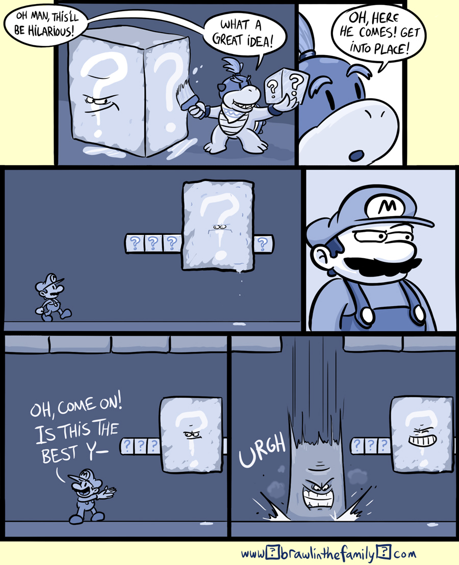 It is always sad-a day when-a Eario has to scrape up Splat Mario. And now he must also mop up-a paint below unusually large Question Block...