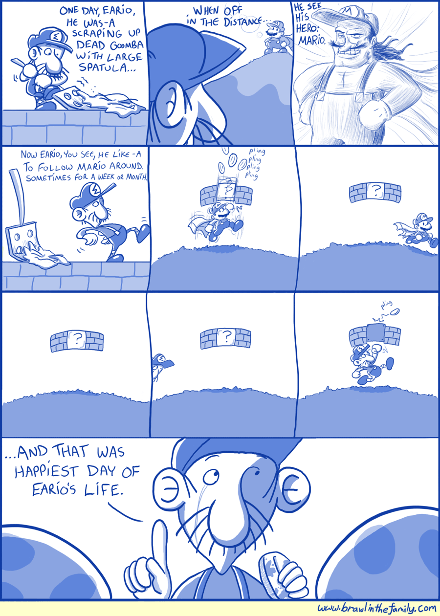 You'd think Eario would be less inclined to clean and maintain obstacles that get in his hero's way, but clearly his job is the most important thing to him.